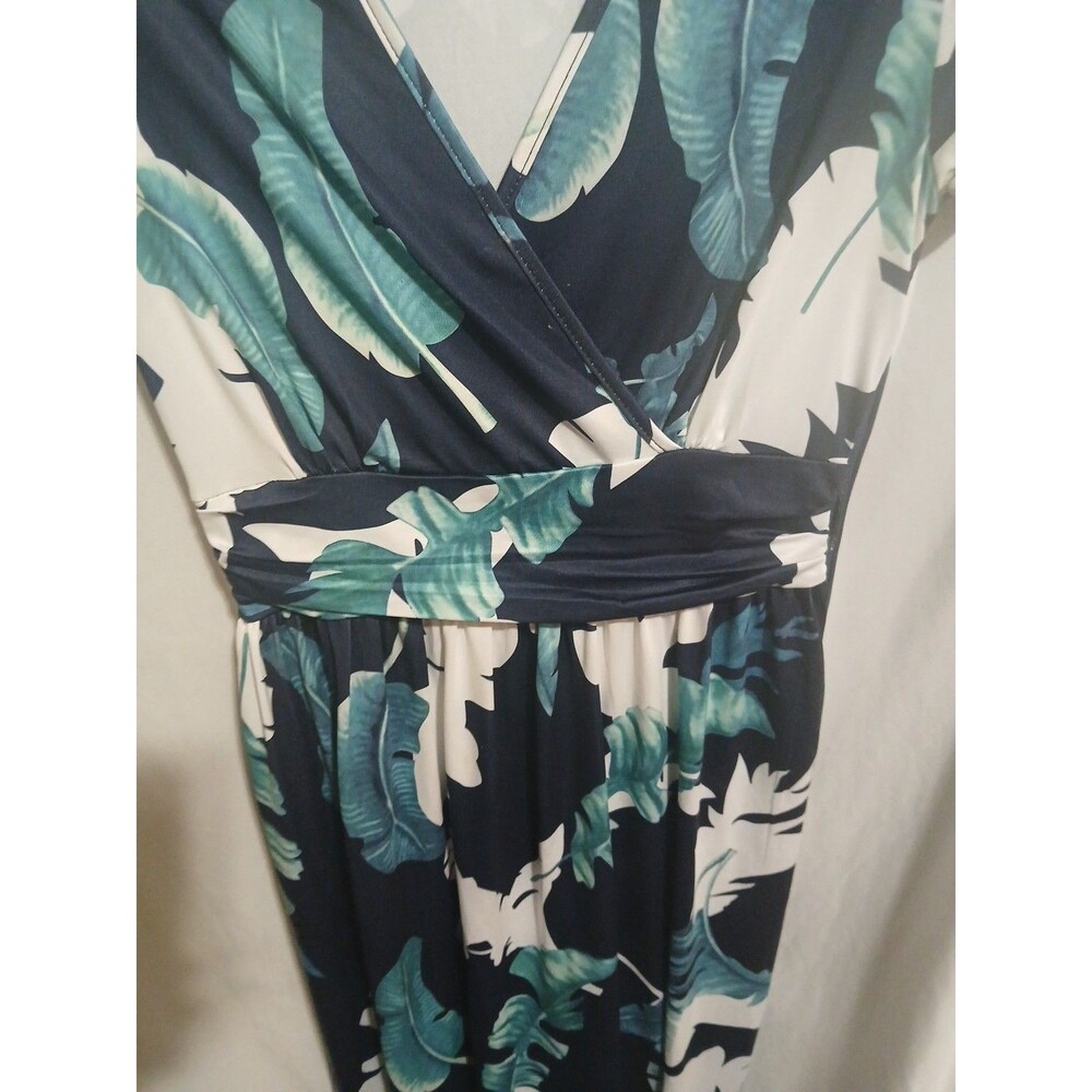 OUGES Women's S Navy Palm Print Short Sleeve Pocketed V Neck Maxi Dress - Picture 2 of 9